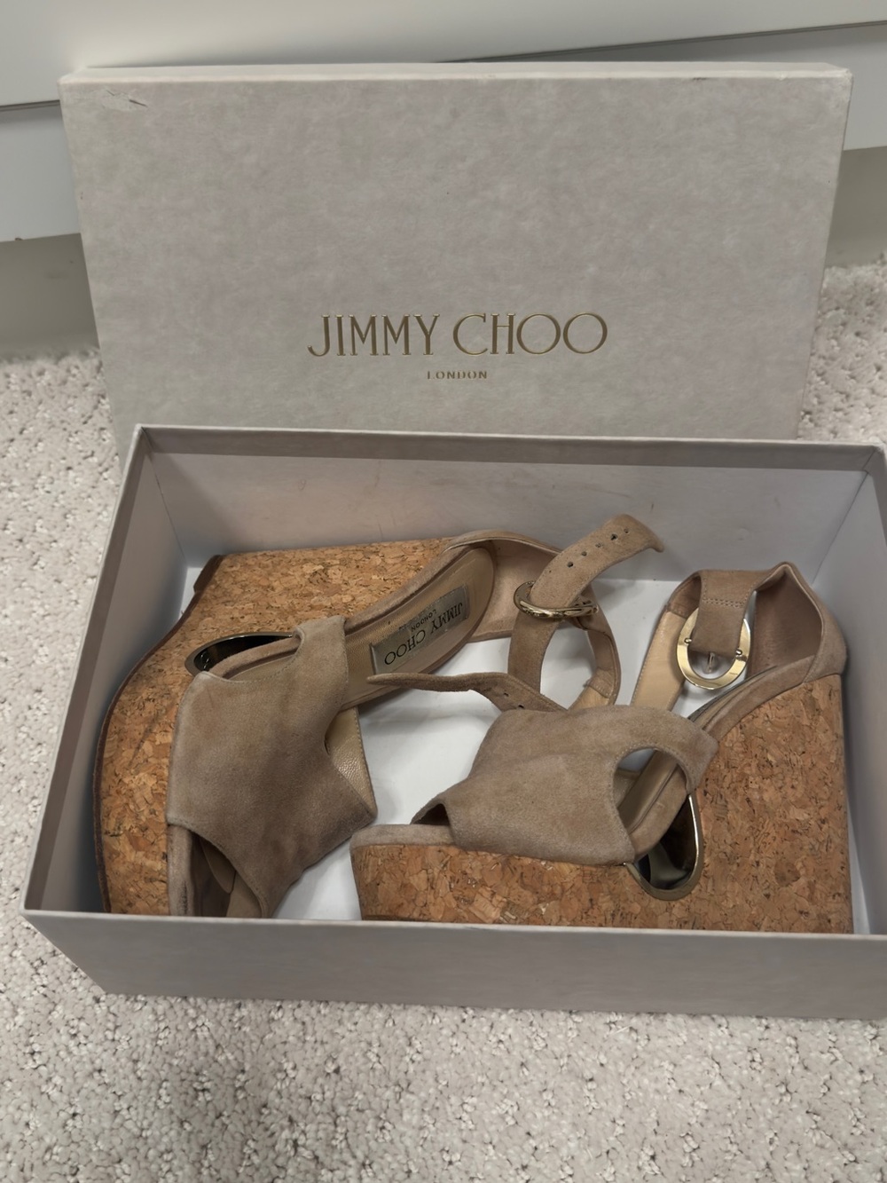 Jimmy Choo Beige Suede Cork Wedge Sandals